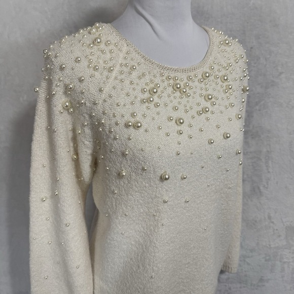 Y2K Susan Bristol Pearl Beaded Sweater Size L Ivory Merino Wool Blend Preppy VTG - Picture 6 of 15